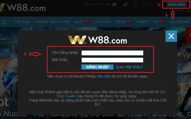 Điền thông tin để đăng nhập nhà cái W88